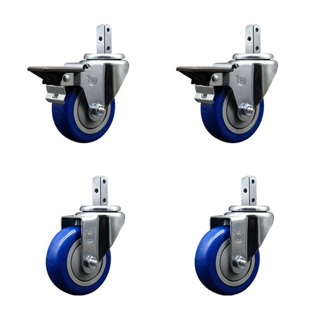 Service Caster 3.5'' Blue Polyurethane Wheel Swivel 7/8'' Square Stem Caster Set 2 Brake, 4PK SCC-SQ20S3514-PPUB-BLUE-PLB-78-2-S-2
